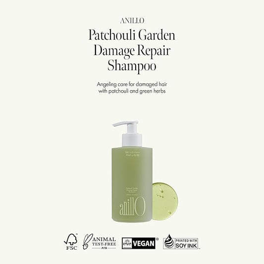 ANILLO Patchouli Garden Damage Repair Shampoo - Korean Hair Care Nourishing Shampoo for Men & Women w/Patchouli Leaf Water, Protein Complex & Green Herb Complex - Vegan Scalp Cleanser (10.14 fl.oz)