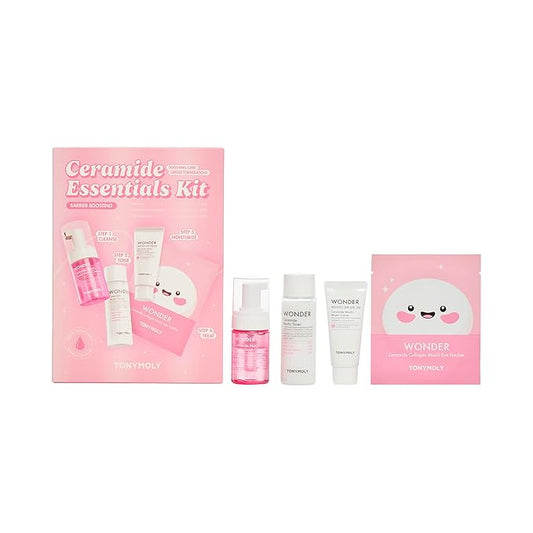 TONYMOLY Wonder Ceramide Mochi Essentials 4-Piece Skincare Set – Travel Toner, Cleanser, Cream & Eye Patches, Hydrating Korean Skincare Kit