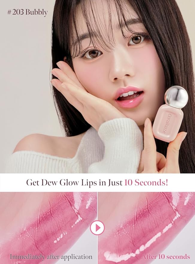Dew Drop Tint #203 Bubbly 4.5g, Hydrating, Glossy, Lightweight Lip Stain with High-shine, Long Lasting Color with Moisturizing Lip Drop, Dewy Finish, Korean Beauty Makeup
