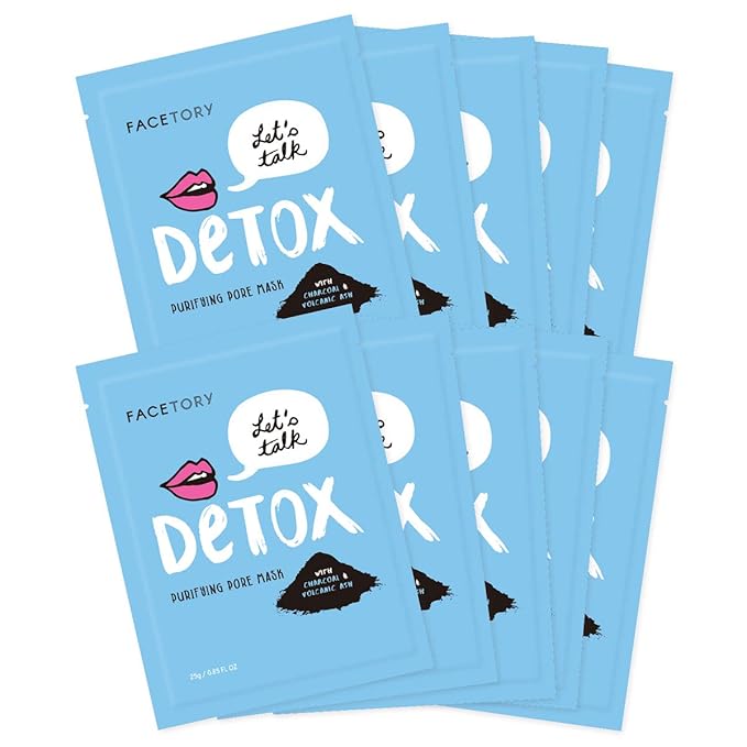 FACETORY K Beauty Face Mask Skin Care - LET'S TALK DETOX PURIFYING Sheet Mask with Charcoal & Volcanic Ash | Pore Refining Charcoal Face Mask (10 Pack)