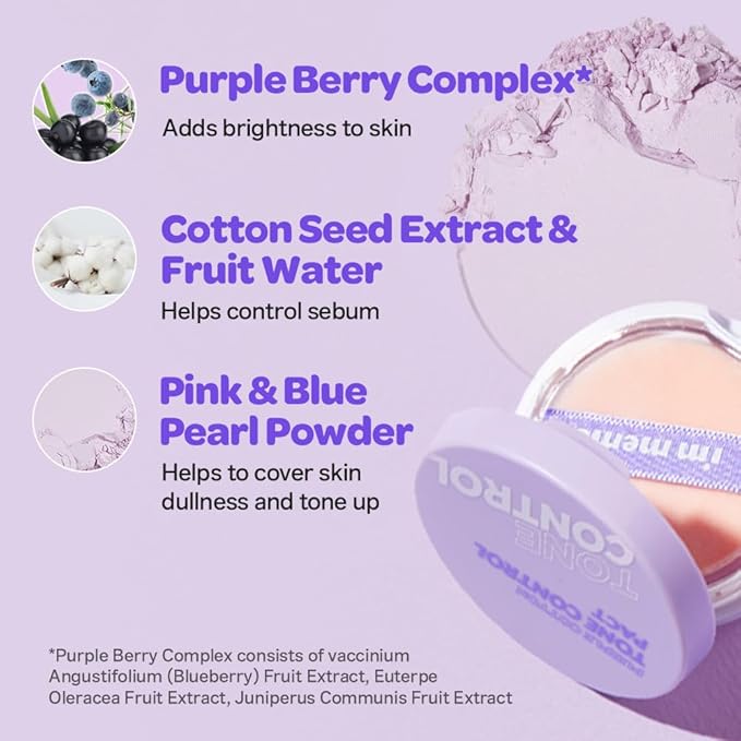 I'M MEME Compact - Purple Cotton Tone Control Pact | Korean Pressed Setting Powder With Berry Complex, Makeup Powder Foundation, Translucent Compact, Finishing Powder, Oil Free Face Powder, 0.35 Oz