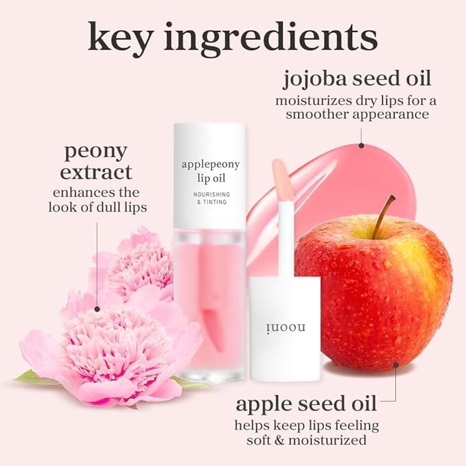 NOONI Korean Lip Oil - Applepeony | Long-Lasting, Moisturizing, Plumping, Revitalizing for Dry Lips, Waterproof, No Peel Off, Hydrating, Nourishing Crystal Clear, 0.12 FL Oz