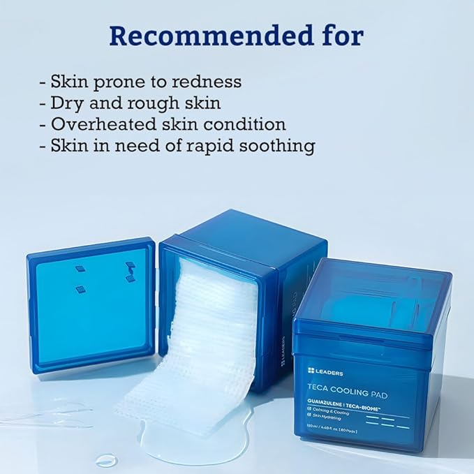 LEADERS Teca Cooling Toner Pad - Instant Relief for Dry, Overheated Skin | Vegan-Certified | Clinically Proven Efficacy | Korean Skincare 80 Pads x 130ml