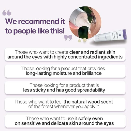 Intensive Eye Cream 1.01 fl oz for dark circles, puffiness, wrinkles, fine lines, bags under eyes, dark spots l Natural wood scent l Glutathione, Collagen, 7 Amino Acids, Adenosine l Korean