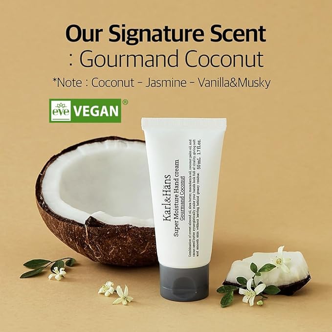 Karl&Hans Super Moisturizing Coconut Vegan Hand Cream - Gourmand Coconut Scent with Shea Butter, Coconut Oil - Organic Daily Hand lotion for Dry Cracked Hands - 1.7 fl oz