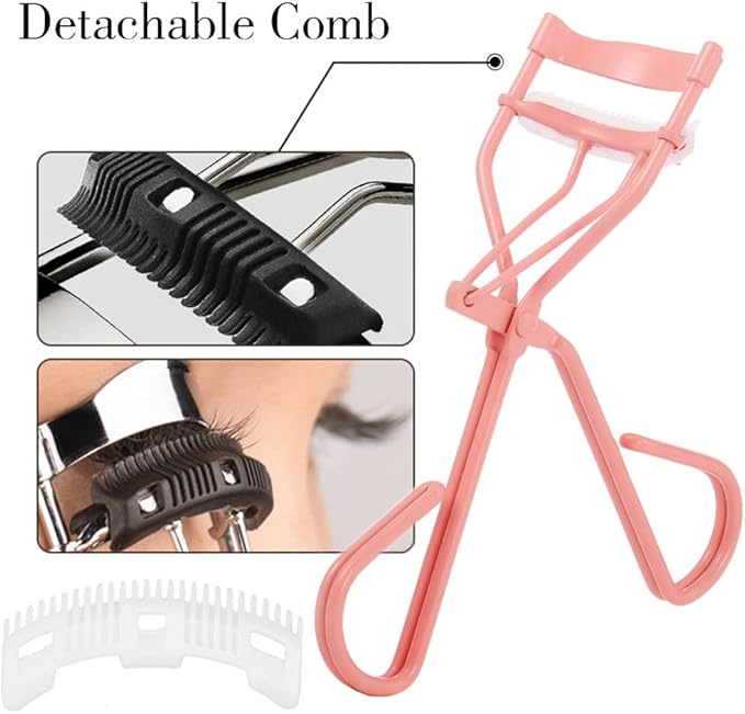 Uranian Eyelash Curlers with Built-in Comb Beauty Eyelashes Curlers Eyelash Cliper with 2 Replacement Silicone Refill Pads Premium Lash Curler Makeup Tool for Women and Girls (1 Pink-White Comb)