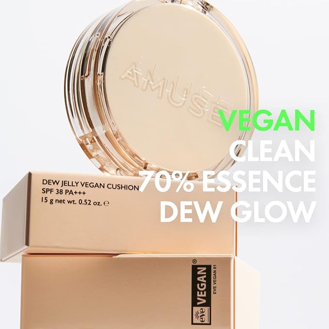 AMUSE SEOUL Dew Jelly Vegan Cushion Foundation (02 NUDE) | dewy, glow, long-lasting, double coverage, clean beauty, lightweight, natural look, foundation for sensitive skin, hydrating cushion