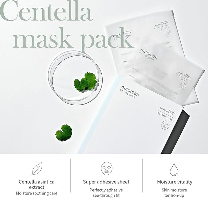 mixsoon Centella Mask Pack Face Moisturizer Soothing Calming Sheets Korean Glass Skin Care 1Pack (5ea)