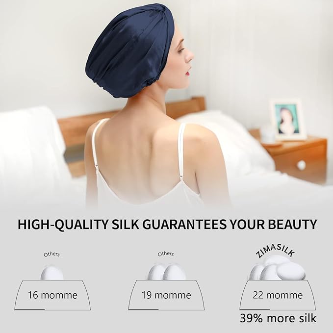ZIMASILK 100% 22 Momme Mulberry Silk Bonnet for Sleeping Women, Breathable Silk Hair Wrap for Premium Hair Protection - Reducing Friction (1Pc, Navy)