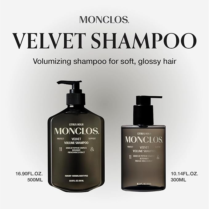MONCLOS Velvet Shampoo (16.9 fl oz) - Volume Shampoo for Fine and Thinning Hair. Sulfate-Free, Peptide-Infused Formula for Soft, Shiny Hair, and Root Volumizing