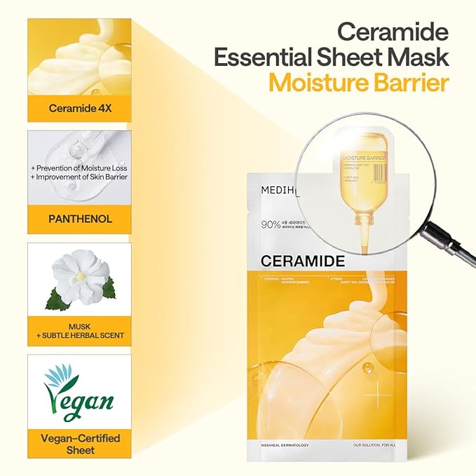 Mediheal Ceramide Essential Sheet Mask Moisture Barrier 10 pcs. 90% Ceramide & 4X Ceramide Liposome Technology for intense hydration and strengthening the barrier. Vegan formula