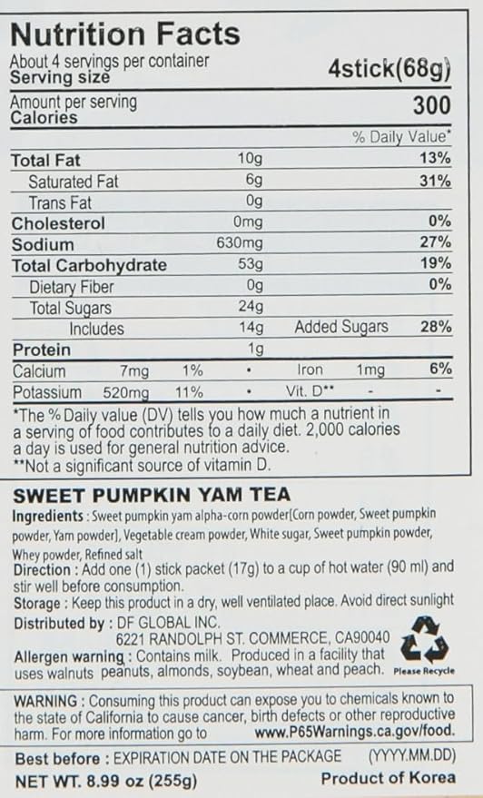 Damtuh Sweet Pumpkin with Yam Tea Powder – Korean Meal Replacement, Instant Breakfast Shake with Misugaru, 17g x 15 Sticks