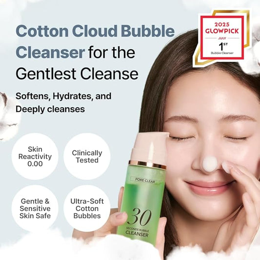 MENOKIN Cotton Cloud Bubble Cleanser [Pore Clear] Green Clay, Low pH, Deep Pore Cleanser for Sensitive Skin, Hydrating & Non-Stripping, Gentle Face Wash, Foaming bubbles, Korean Skincare 5.07 fl oz