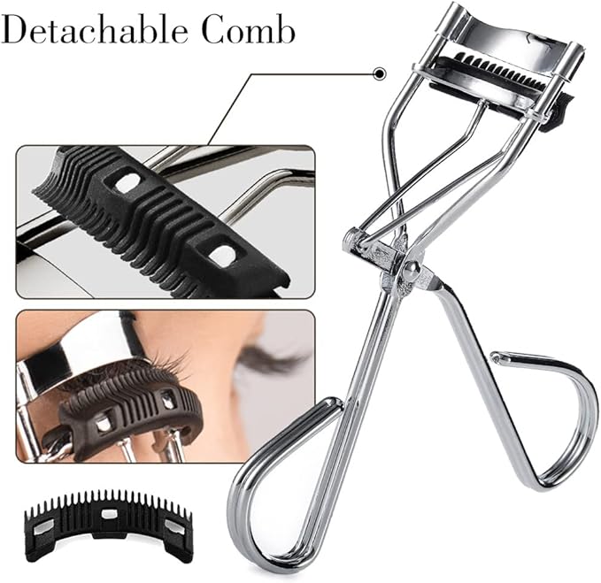 Uranian Eyelash Curlers with Built-in Comb Beauty Eyelashes Curlers Eyelash Cliper with 2 Replacement Silicone Refill Pads Premium Lash Curler Makeup Tool for Women (3 Silver-Black Comb)