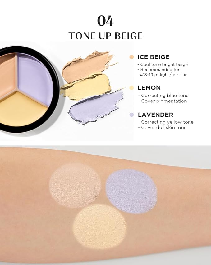 THESAEM Cover Perfection Triple Pot Concealer 04 Tone Up Beige - for Fair to Light Skin Tone - 3 Color Full Coverage Concealer - Covers Pigmentation and Blemish Spots, Corrects Skin Tone