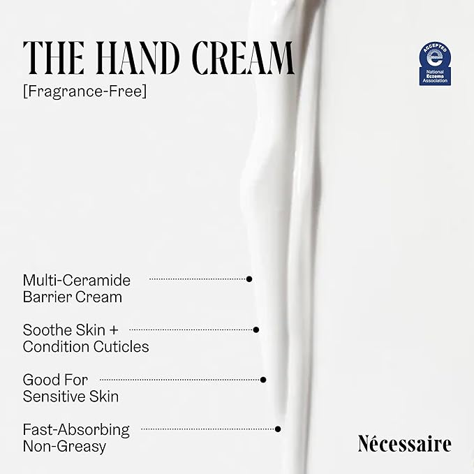 Nécessaire - The Hand Cream for Women & Men with 5 Ceramides & Peptides, Fragrance-Free Hand Lotion, Fast-Absorbing, Non-Greasy. - 2.2 fl oz.