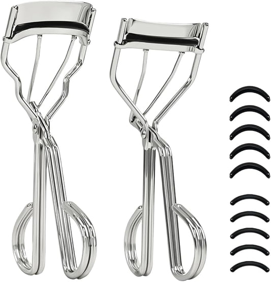 2 Kinds of Eyelash Curlers with Different Curvature Suitable for Various Eyes Shapes, Silver Comfort Grip,10 Silicone Replacement Refills Pads for Perfect Framed Lashes - Gentle & Safe Use