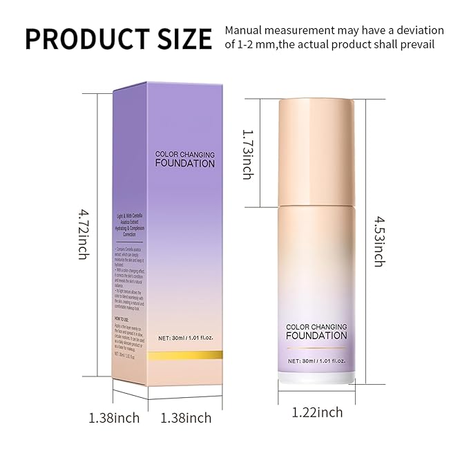 Purple Color Changing Foundation, Color Correcting CC Cream with Centella, Improve Dull Skin Tone, Lightweight Non-Greasy, Hydrating, Sheer Coverage, Natural Finish Concealer(1PCS)