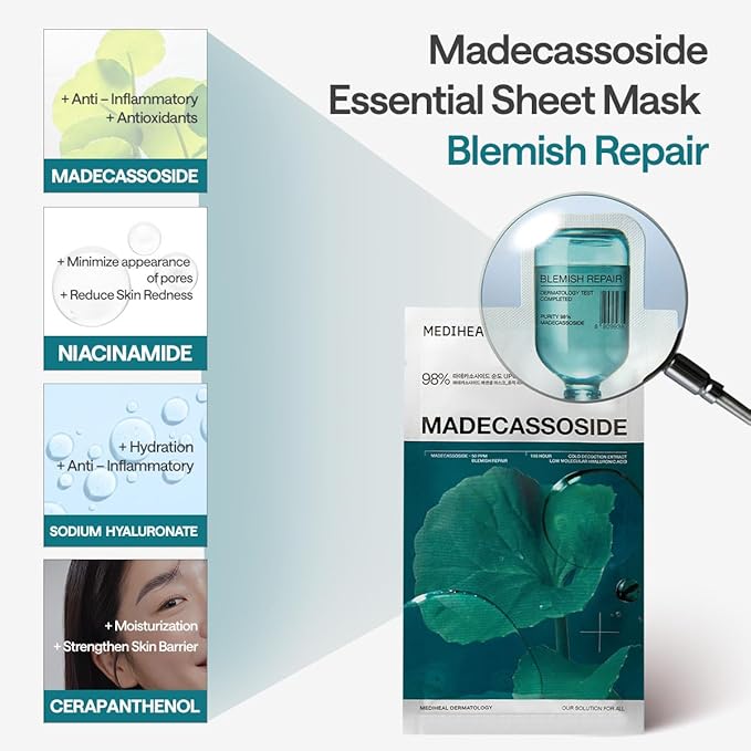 Mediheal Madecassoside Essential Sheet Mask Blemish Repair 10 pcs. 98% Purity Madecassoside & Hyaluronic Acid Included. Enhancing Moisture Barrier & Skin Texture Care. Vegan Formula Sheet Mask