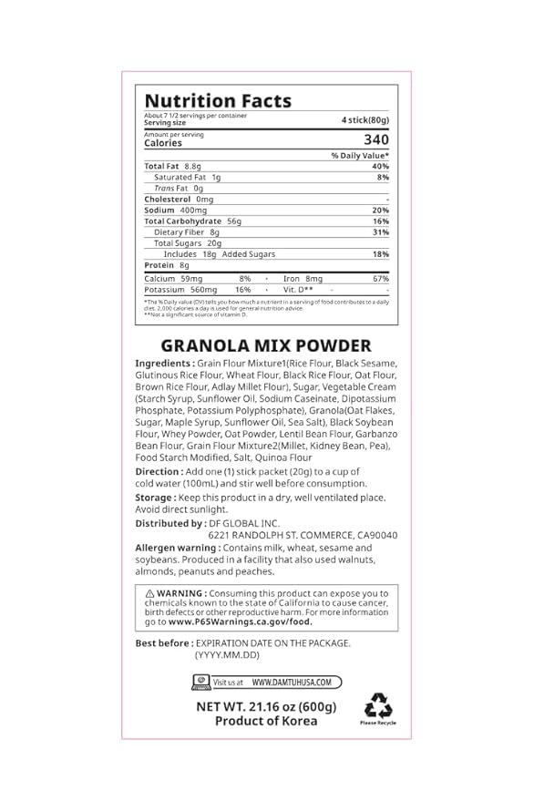 Damtuh Misugaru – Korean Multigrain Granola Powder Drink, Traditional Mixed Grain Meal Replacement Shake with Oats & Quinoa, 20g x 30 Sticks