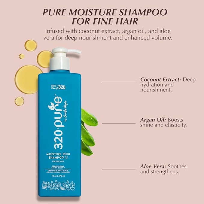 320Pure Moisture Rich Shampoo for Fine Hair 16oz, Repairing, Lightweight & Volumizing Formula, Best Cleaner for Dry, Thin, or Fine Hair, Pure & Natural, Hydrating Shampoo for Women