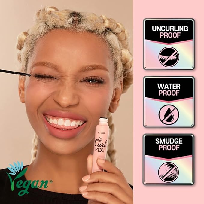 ETUDE Curl Fix Mascara, Lash Mascara, Strong Curl Up, Long-Lasting, Waterproof, Light-Weight, Korean Makeup, Beauty, Vegan Certified, Black (0.27 Fl Oz)
