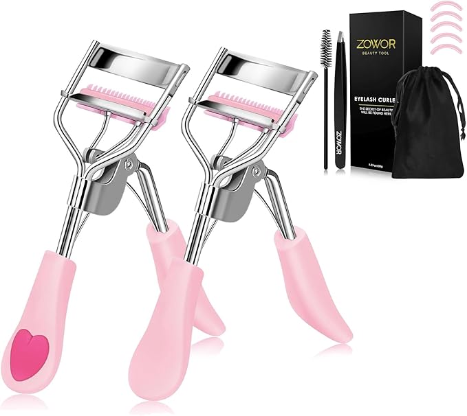 Double Eyelash Curlers with 5PCS Silicone Refill Pad Fit All Eye Shape Curved Eyelash Curler,Natural and Long Lasting Lash Curler for Women Make Up Gift（Pink）