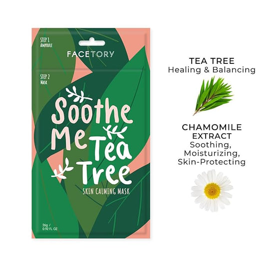 FACETORY K Beauty Face Mask Skin Care - Soothe Me Tea Tree 2-Step Sheet Mask with Tea Tree Extract & Chamomile + Soothing Ampoule | Skin Calming, Acne Clearing (5 Pack)
