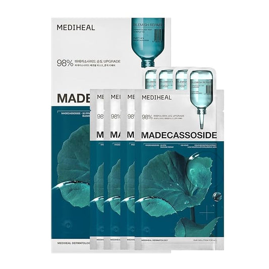 Mediheal Madecassoside Essential Sheet Mask Blemish Repair 4 pcs. 98% Purity Madecassoside & Hyaluronic Acid Included. Enhancing Moisture Barrier & Skin Texture Care. Vegan Formula Sheet Mask
