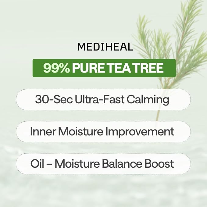 Mediheal Teatree Essential Sheet Mask Calming Moisture 10 pcs. 99% Pure Teatree & Teatree 7X for intensive soothing and hydration. Suitable for acne-prone skin. Vegan formula