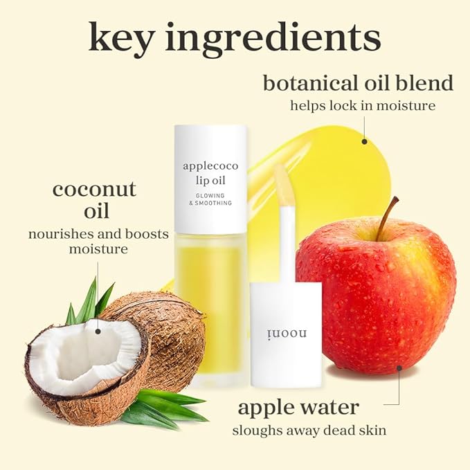 NOONI Korean Lip Oil - Applecoco | Long-Lasting, Moisturizing, Plumping, Revitalizing for Dry Lips, Waterproof, No Peel Off, Hydrating, Nourishing Crystal Clear, 0.12 FL Oz