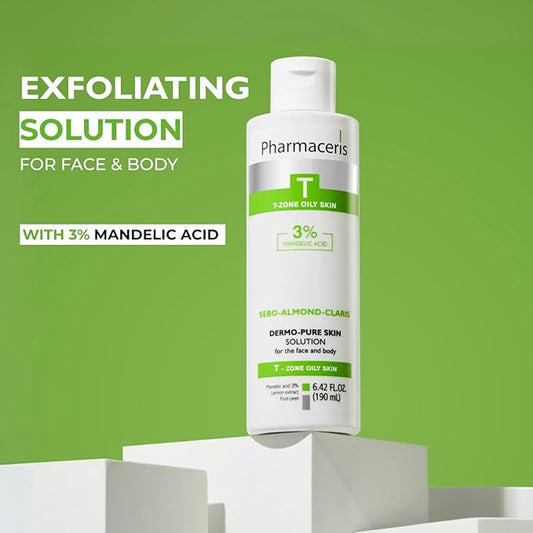 Pharmaceris Face & Body Breakout Solution - 3% Mandelic Acid Helps Clarify Blemish & Acne Prone Skin, Face, Back & Chest Pimples Exfoliating & Clearing Treatment, SEBO-ALMOND-CLARIS, 6.42 fl oz