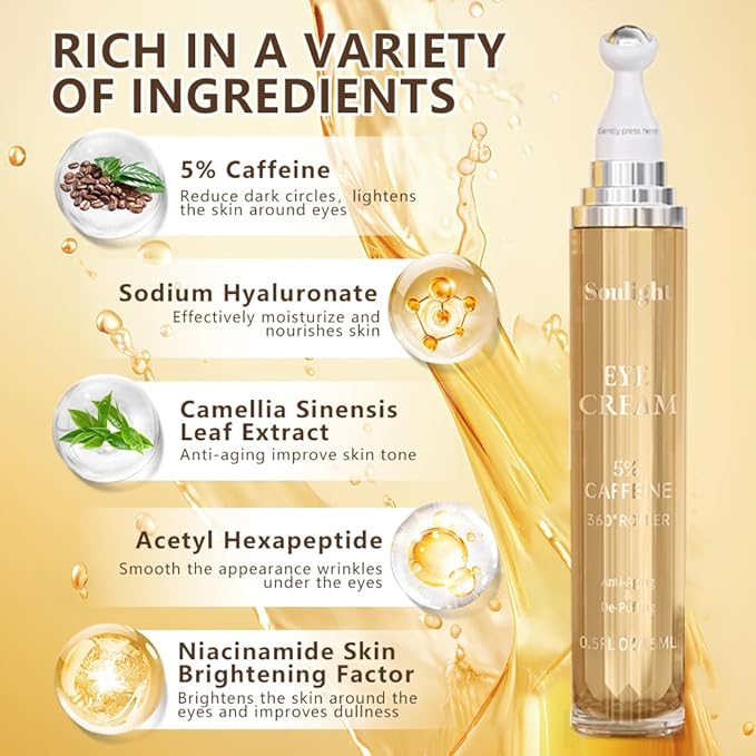Soulight 5% Caffeine Eye Serum for Dark Circles, Eye Cream Anti Aging Puffiness & Wrinkles - Brightening Under Eyes Treatment with Hyaluronic Acid & Niacinamide - Hydrating & Firming