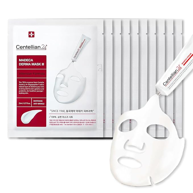 CENTELLIAN 24 Madeca Derma Face Mask (Intensive, 10pc) - Soothing Cotton Sheet Mask for Sensitive, All Skin Types, 24-Hour Hydration. Premium Korean Skin Care. TECA, Centella Asiatica, Madecassoside