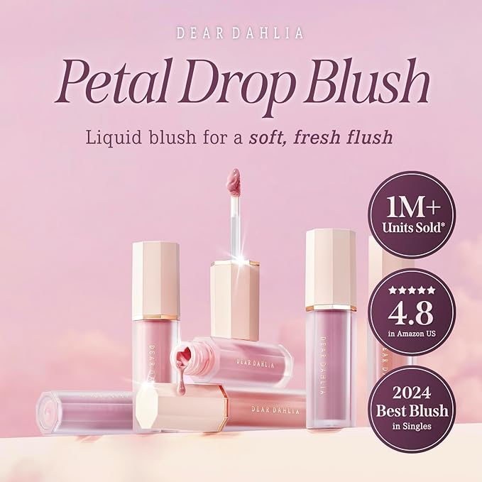 DEARDAHLIA Petal Drop Blush (Barely) - Vegan Weightless Liquid Blush with Long-lasting Pigment, Buildable and Skincare-Infused Fomula. Natural Flush, and Dewy Finish. Korean Makeup for Cheeks. 0.14 oz