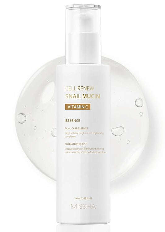 MISSHA Cell Renew Snail Mucin Vitamin C Essence Serum 3.38 Fl oz - Hydrating Korean Skincare for Glass Skin, Snail Mucin Serum for Improved Skin Texture & Complexion
