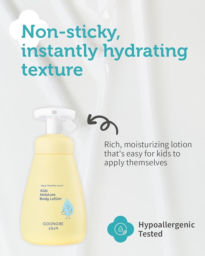 GOONGBE Kids' Moisture Body Lotion - Korean Kids Daily Body Moisturizer - Long Lasting 24hr Hydrating Cream Type Lotion with Cica and Squalane - Allergen Free Scent, 8.45 fl.oz.