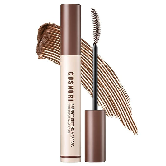 COSNORI Perfect Setting Waterproof Mascara Long&Curl 02 Cozy Brown – Long Lasting Smudge - Brown Mascara - Soft Definition for Blue & Green Eyes - K Beauty - 0.23fl oz (7ml)