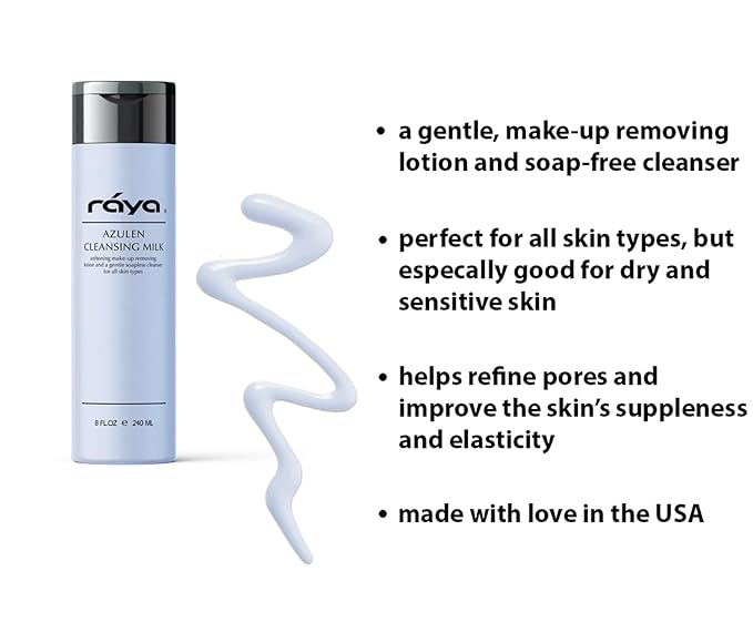 Raya Azulen Facial Cleansing Milk 8 oz (150) | Calming and Refining, Soap-Free Fluid Cleanser and Make-Up Removing Lotion | Made with Azulene Extract and Aloe Vera | Great for Sensitive Skin