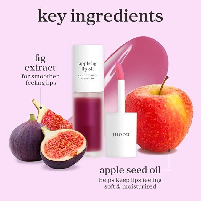 NOONI Korean Lip Oil Set - Appleberry & Applefig | Long-Lasting, Moisturizing, Plumping, Revitalizing for Dry Lips, Waterproof, No Peel Off, 0.12 FL Oz x 2ea