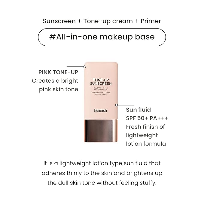 HEIMISH Bulgarian Rose Tinted Tone-up Sunscreen - SPF 50+ PA+++, Multipurpose Tone Up Sunscreen, Primer, Makeup Base for face, Lightweight, Non-greasy, Hydrating, Natural Pink Finish, 1.0fl.oz/30ml