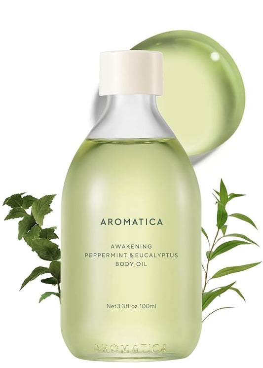 AROMATICA Awakening Body Oil Peppermint & Eucalyptus Aromatherapy Oils, Scented Body Oil, After Shower Natural Oil for Women, Non-Greasy Body Serum, Body Moisturizer for Dry Skin 3.38 fl. oz