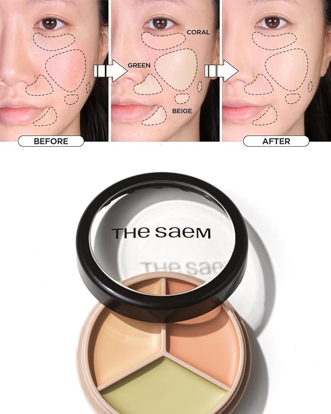 THESAEM Cover Perfection Triple Pot Concealer - 3 Color Concealer with Clear Beige, Green & Peach Shades - Full Coverage to Correct & Conceal Redness, Dark Circles, 01 Correct Beige