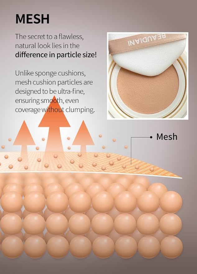 Beaudiani Mesh Glow Cushion Foundation Dewy Korean Cushion with Gemstone Complex & Skincare Benefits (12g) (#03 Deep Cover Daily (Shade #23-24))