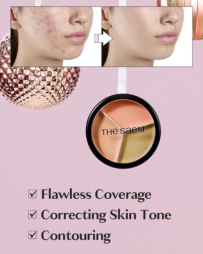 THESAEM Cover Perfection Triple Pot Concealer 01 Correct Beige + 02 Contour Beige - 3 Color Concealer for Medium & Natural Tone - Full Coverage, Correct & Conceal Redness, Dark Circles, Contouring