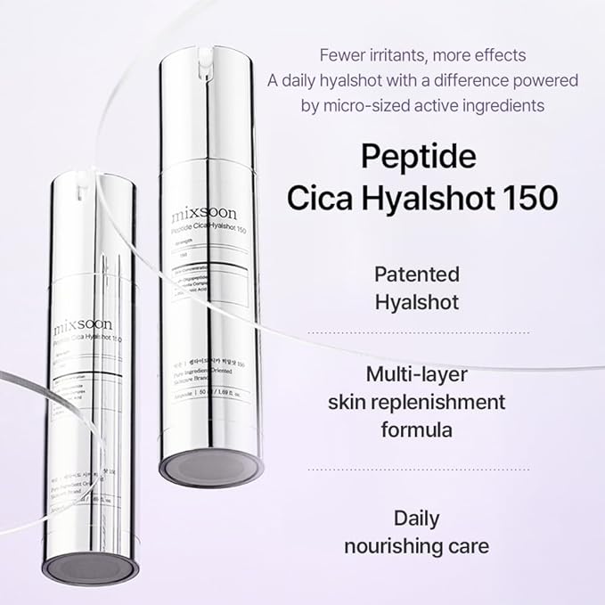 mixsoon Peptide Cica Hyalshot 150, 1.69 Fl. Oz / 50ml Centella Asiatica, Hyaluronic Acid for Sensitive Skin Lightweight & Fragrance-Free Korean Glass Skin Care
