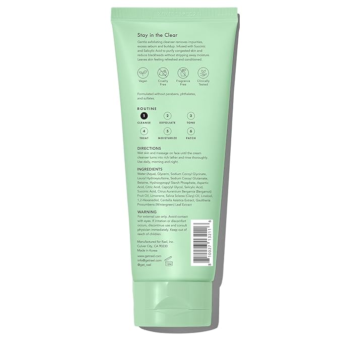 Rael Miracle Clear Face Wash – Gentle Exfoliating Cleanser with Succinic Acid & Minerals, Hydrating Formula for Daily Use, Ideal for Acne-Prone, Dry, Sensitive & Oily Skin, Vegan (5 fl oz)