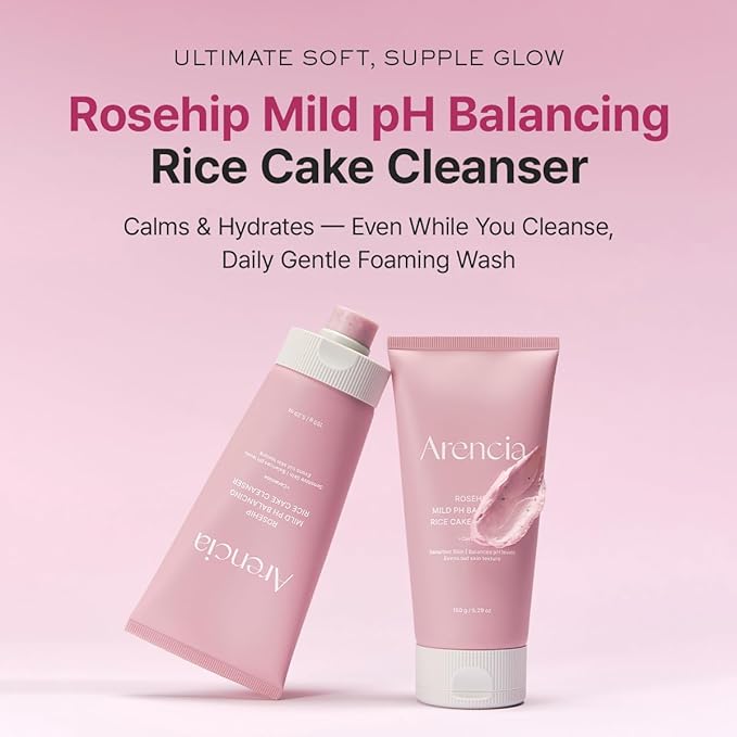 ARENCIA Rosehip Rice Cake Cleanser, pH Balancing Face Wash with Ceramide for Sensitive Skin, 5.29 oz