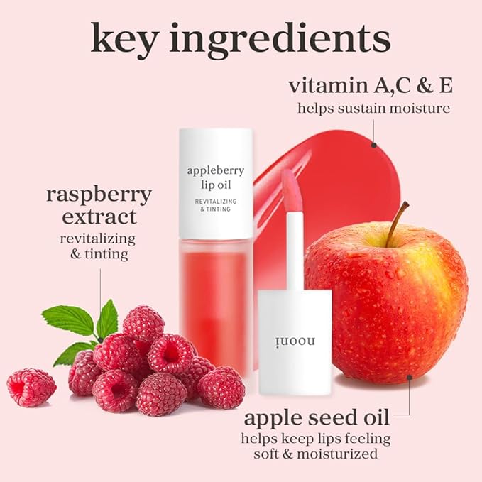 NOONI Korean Lip Oil Set - Appleberry & Applefig | Long-Lasting, Moisturizing, Plumping, Revitalizing for Dry Lips, Waterproof, No Peel Off, 0.12 FL Oz x 2ea
