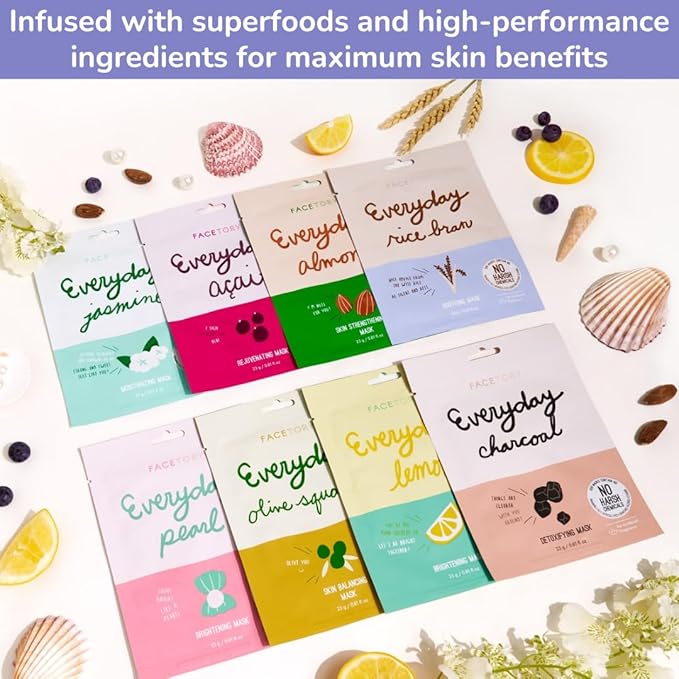 FACETORY K Beauty Face Mask Skin Care - EVERYDAY 8 COLLECTION Sheet Mask Set | Natural Premium Korean Face Mask For All Skin Types - No Sulfates No Parabens (8 pc)